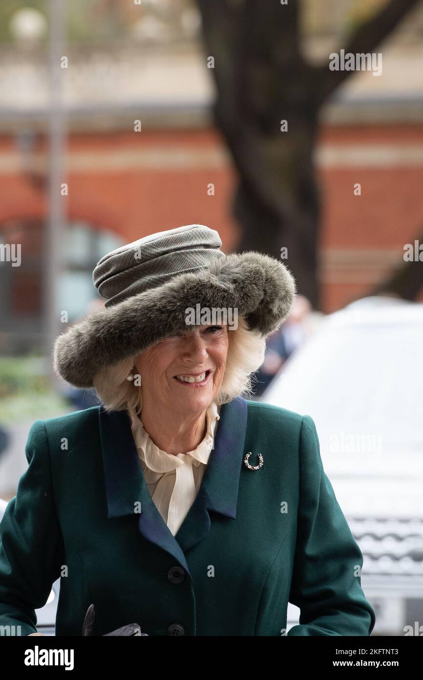 Ascot, Berkshire, UK. 19th November, 2022. Camilla, Queen Consort arriving at Ascot Races this morning for the November Racing Weekend. She was greeted by Sir Francis Brooke, His Majesty's Representative and Chairman of Ascot Racecourse. Credit: Maureen McLean/Alamy Live News Stock Photo