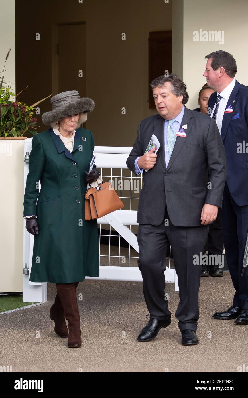 Ascot, Berkshire, UK. 19th November, 2022. Camilla, Queen Consort arriving at Ascot Races this morning for the November Racing Weekend. She was greeted by Sir Francis Brooke, His Majesty's Representative and Chairman of Ascot Racecourse. Credit: Maureen McLean/Alamy Live News Stock Photo