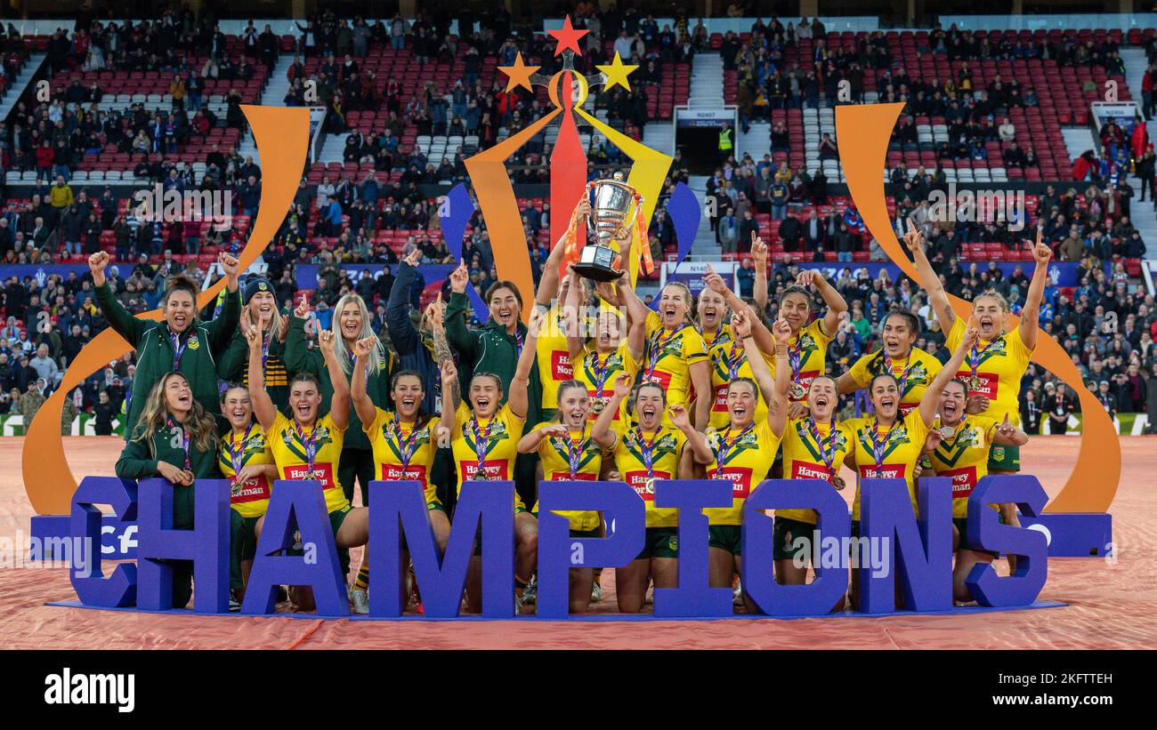 Manchester, UK. 18th Nov, 2022. Australia Women lift the trophy after winning the 2021 Women's Rugby League World Cup Final match between Australia and New Zealand at Old Trafford, Manchester, England on 19 November 2022. Photo by David Horn. Credit: PRiME Media Images/Alamy Live News Stock Photo