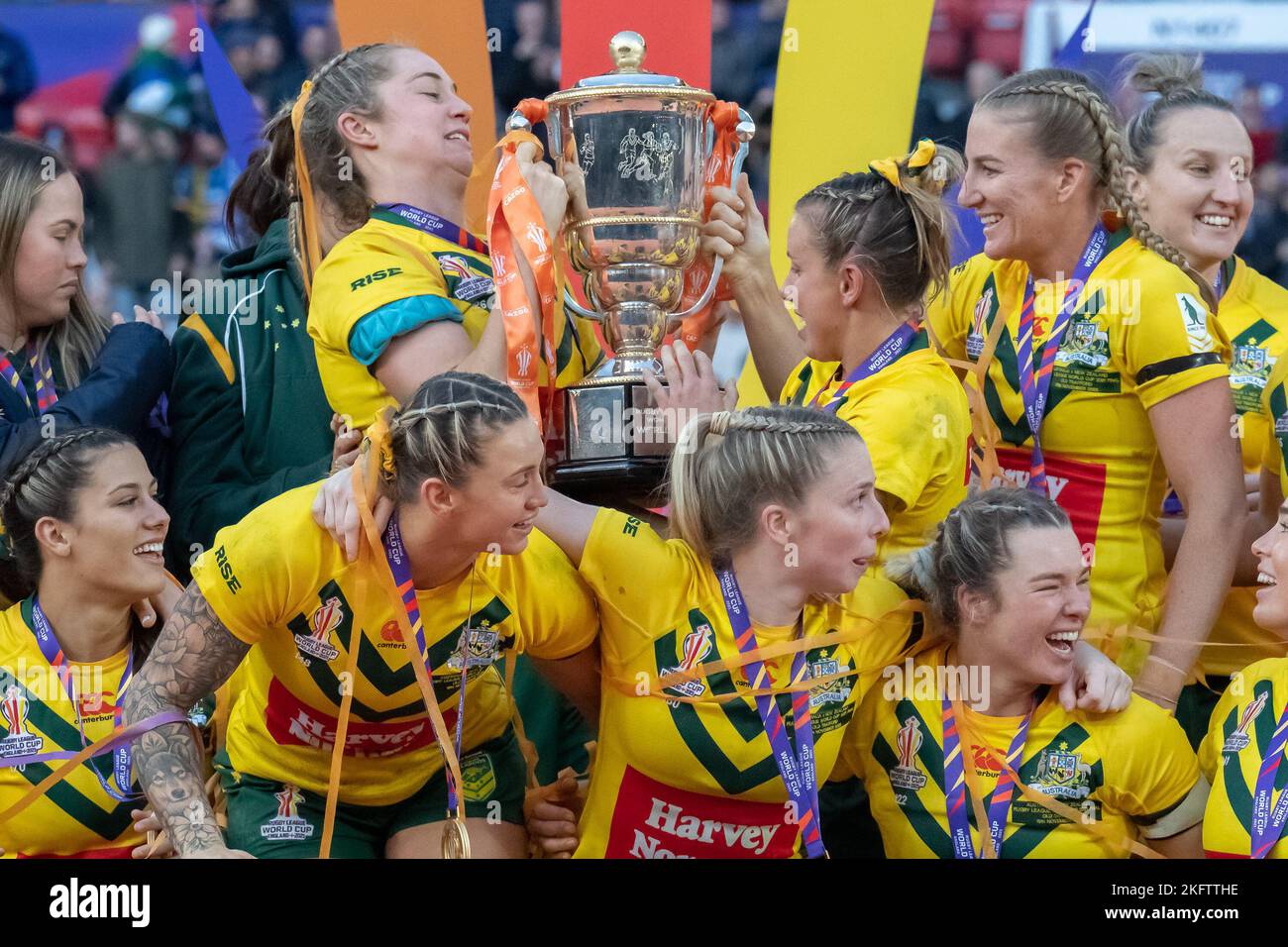 Manchester, UK. 18th Nov, 2022. Australia Women lift the trophy after winning the 2021 Women's Rugby League World Cup Final match between Australia and New Zealand at Old Trafford, Manchester, England on 19 November 2022. Photo by David Horn. Credit: PRiME Media Images/Alamy Live News Stock Photo