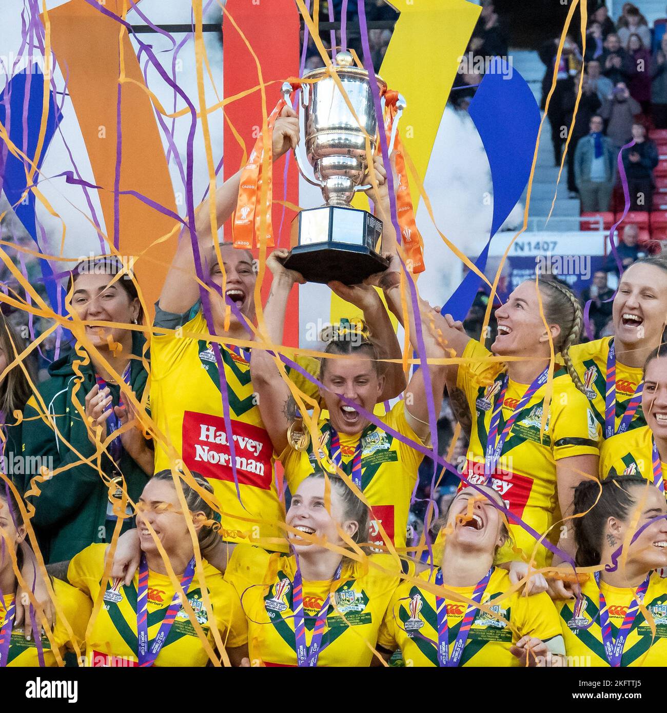 Manchester, UK. 18th Nov, 2022. Australia Women lift the trophy after winning the 2021 Women's Rugby League World Cup Final match between Australia and New Zealand at Old Trafford, Manchester, England on 19 November 2022. Photo by David Horn. Credit: PRiME Media Images/Alamy Live News Stock Photo