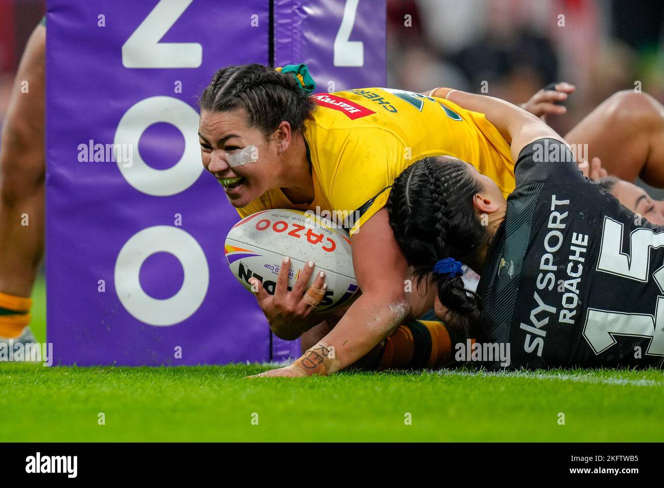 Manchester, UK. 18th Nov, 2022. Kennedy Cherrington of Australia celebrates their sides ninth try during the 2021 Women's Rugby League World Cup Final match between Australia and New Zealand at Old Trafford, Manchester, England on 19 November 2022. Photo by David Horn. Credit: PRiME Media Images/Alamy Live News Stock Photo