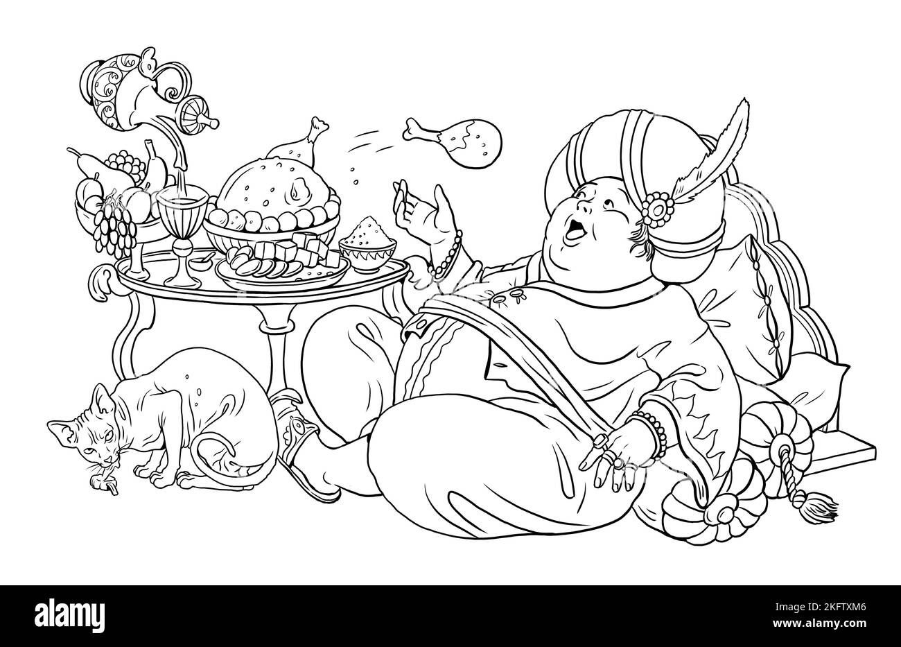 Fat funny magician from oriental fairy tale. Coloring page with the magician. Coloring template with wizard. Stock Photo