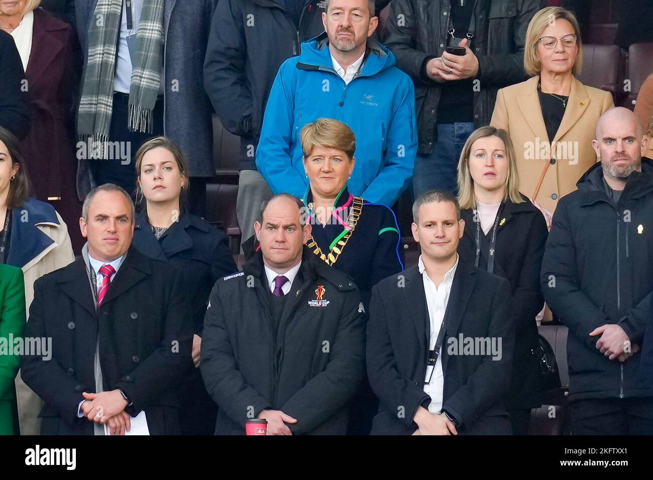 Manchester, UK. 18th Nov, 2022. Clare Balding looks on during the 2021 Women's Rugby League World Cup Final match between Australia and New Zealand at Old Trafford, Manchester, England on 19 November 2022. Photo by David Horn. Credit: PRiME Media Images/Alamy Live News Stock Photo