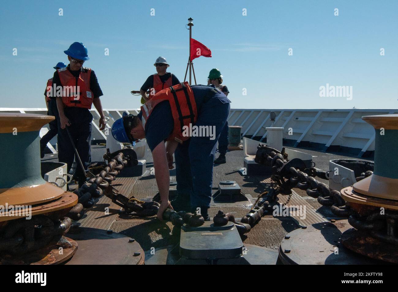 U.S. Coast Guard Cutter Hamilton (WMSL 753) crew members secure the