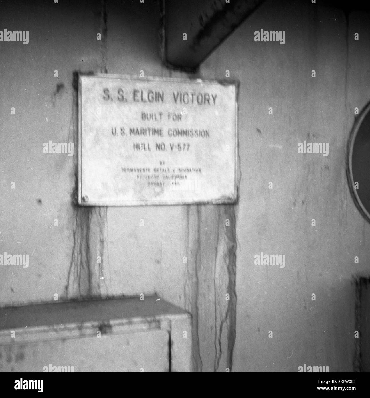Nameplate. United States Army veterans coming home on the Elgin Victory ship at the conclusion of World War II. SS Elgin Victory, a type VC2-S-AP2 Victory ship built by Permanente Metals Stock Photo
