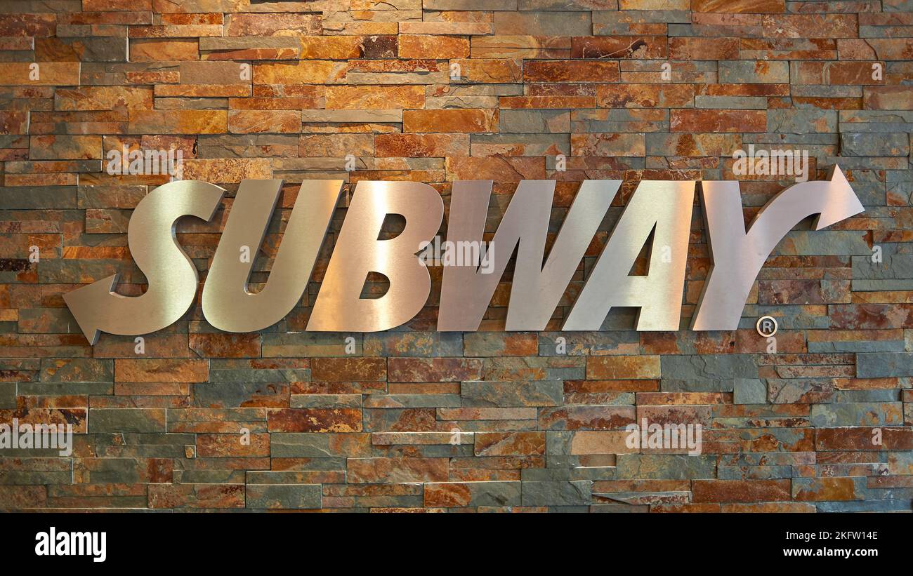 NICE, FRANCE - AUGUST 15, 2015: close up shot of Subway fast food restaurant sign. Stock Photo