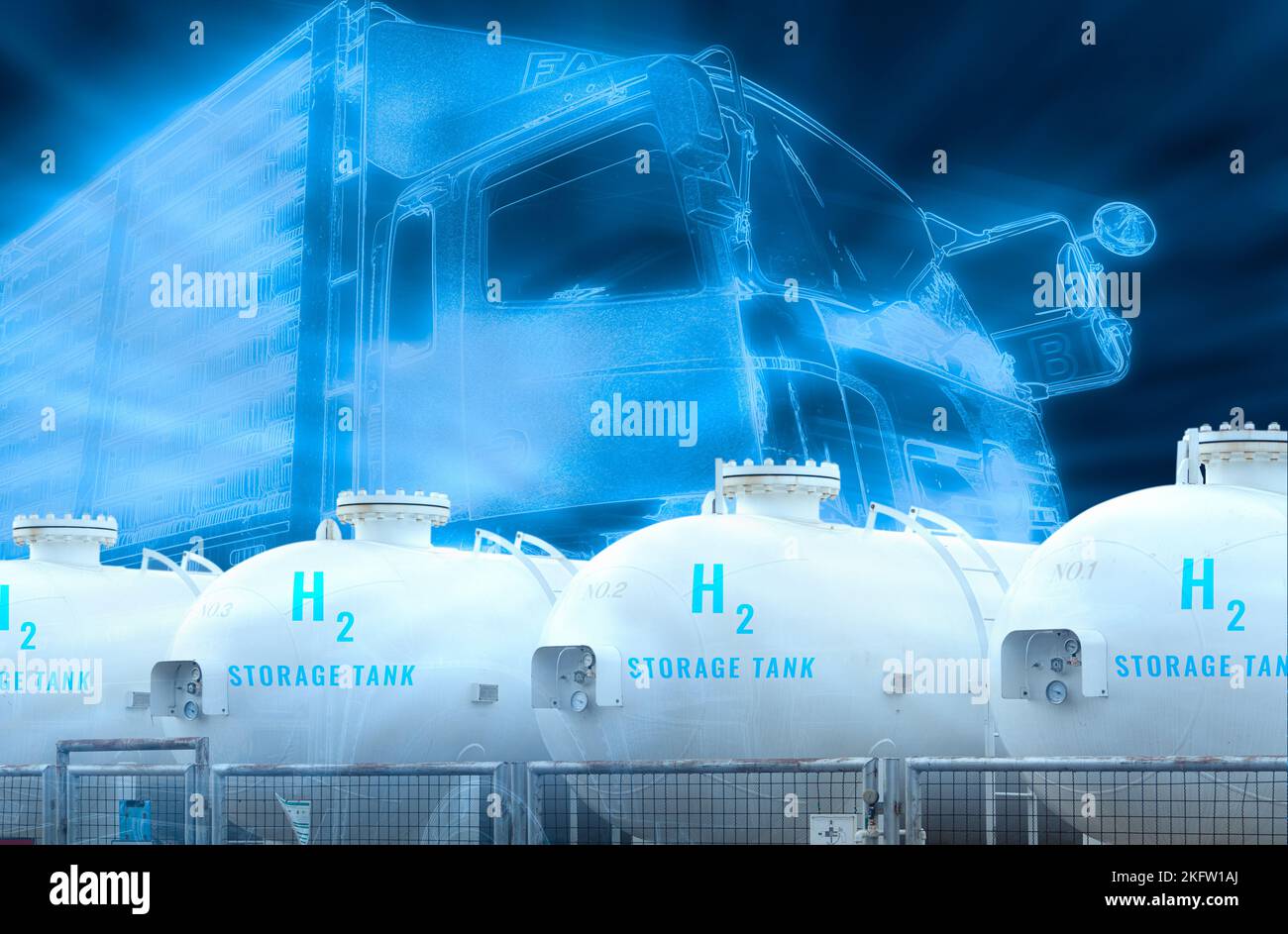 Electric truck with H2 fuel storage tank. Blue hydrogen concept