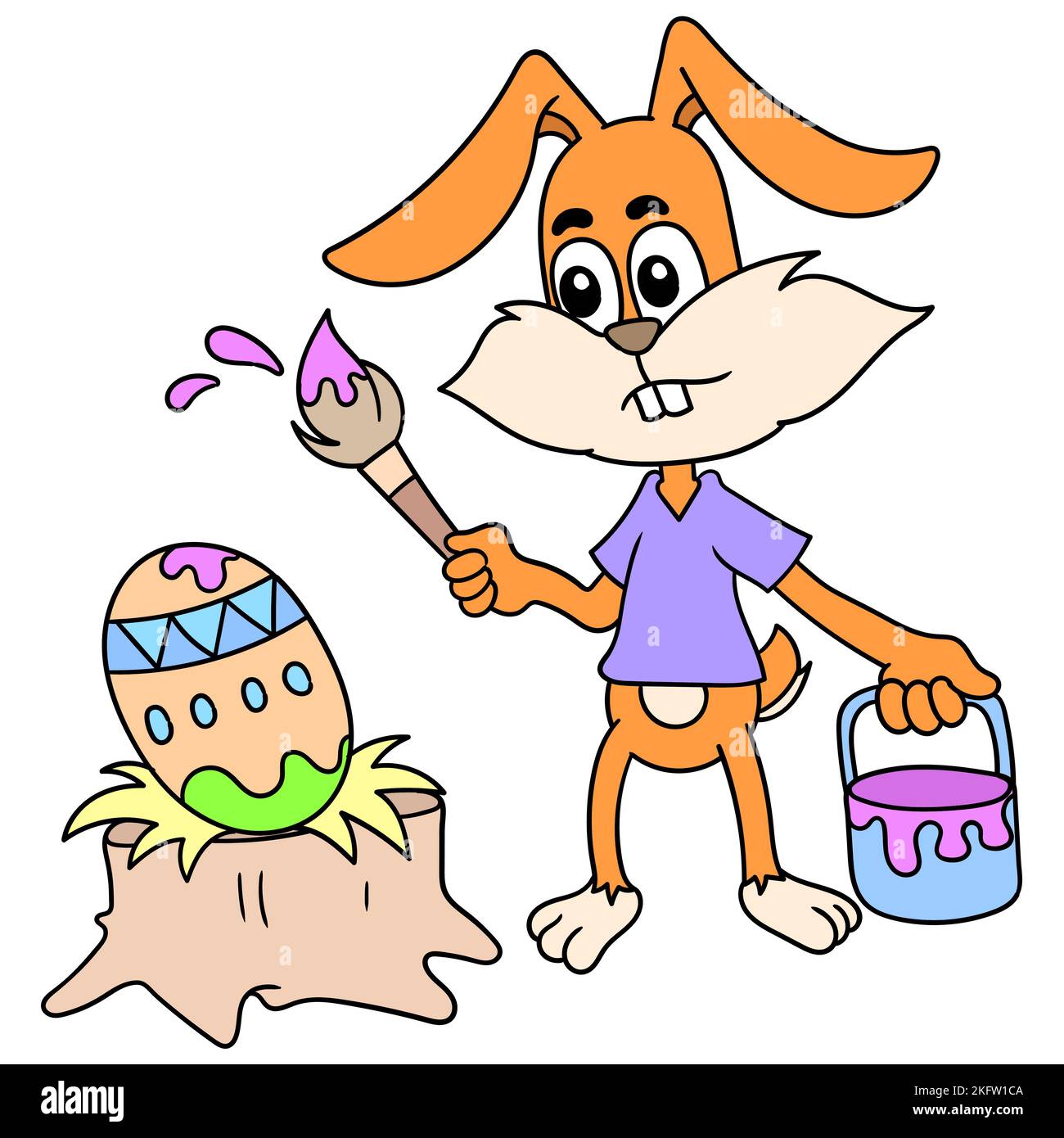 A digital illustration of a cute cartoon Easter bunny character coloring eggs on a white background Stock Vector