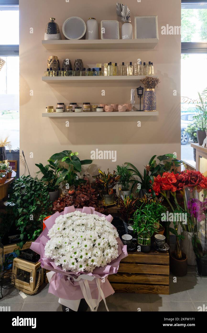 Small business. Flower shop interior. Floral design studio, decorations