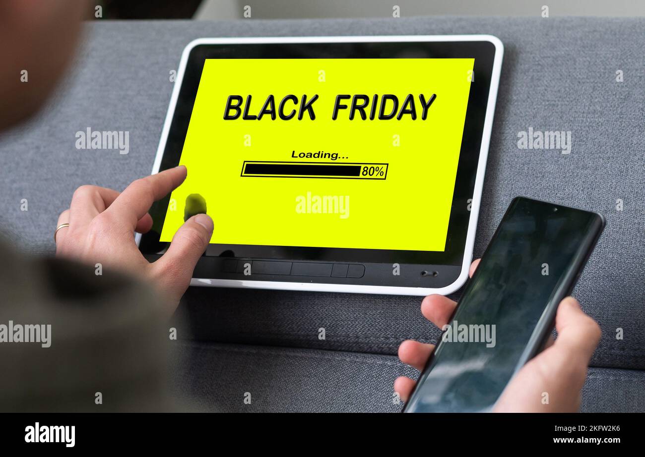 Black Friday shopping word cloud on a laptop computer  Stock Photo