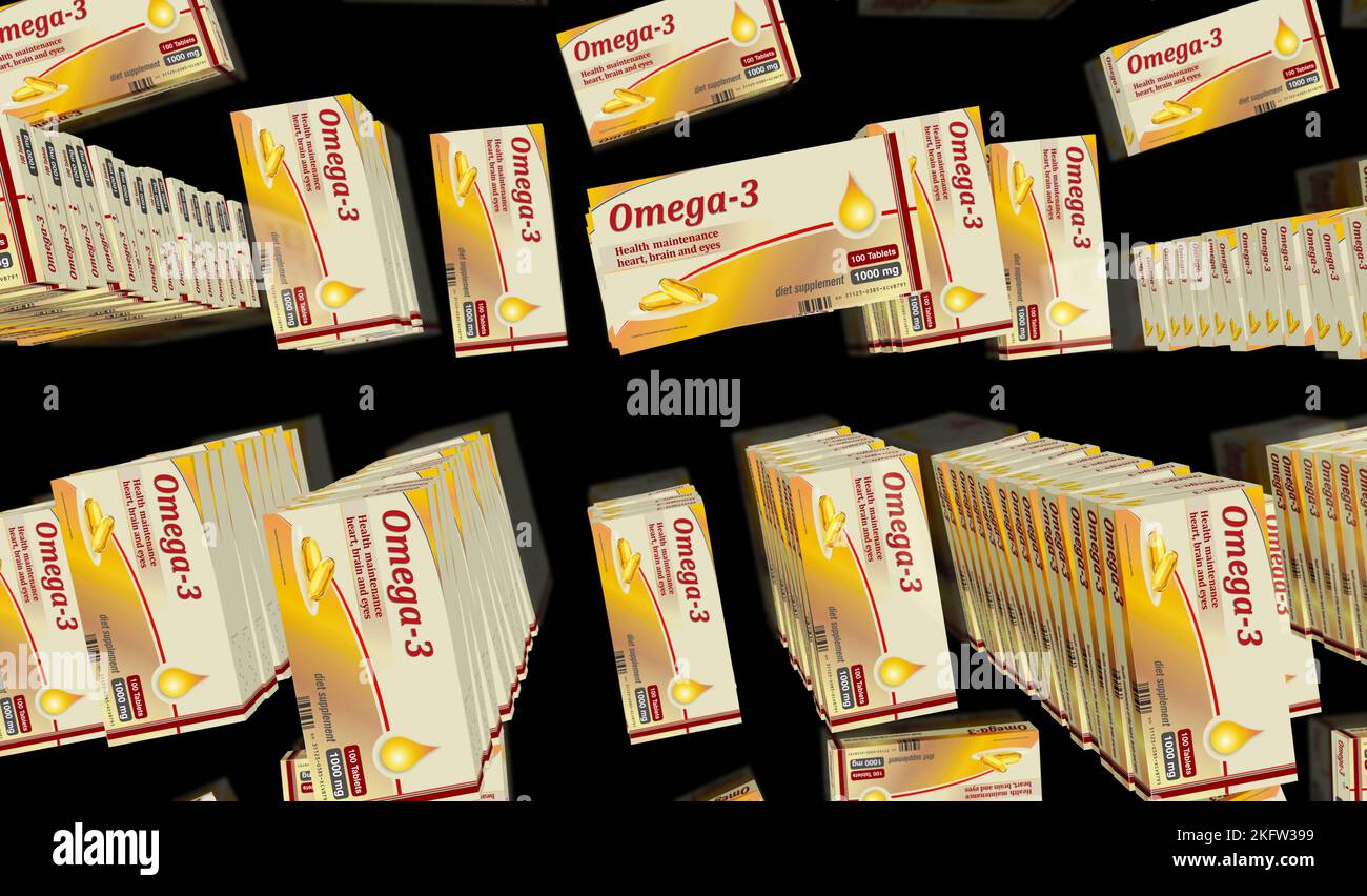Omega 3 oil tablets box production line. Healthy nutrition and diet supplement pills pack factory. Abstract concept 3d rendering illustration. Stock Photo