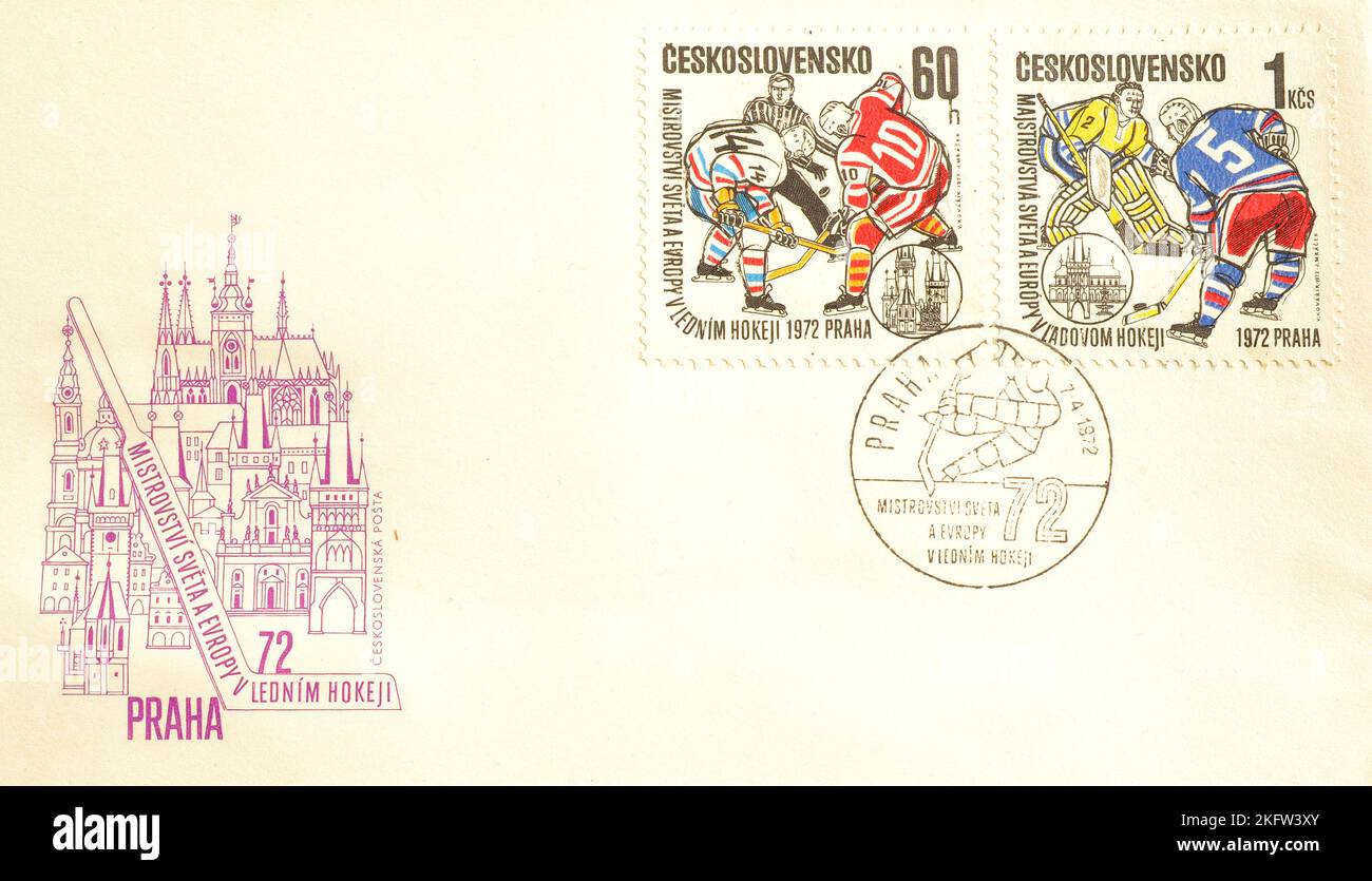 First Day Cover Letter, with stamps that show Ice Hockey World and