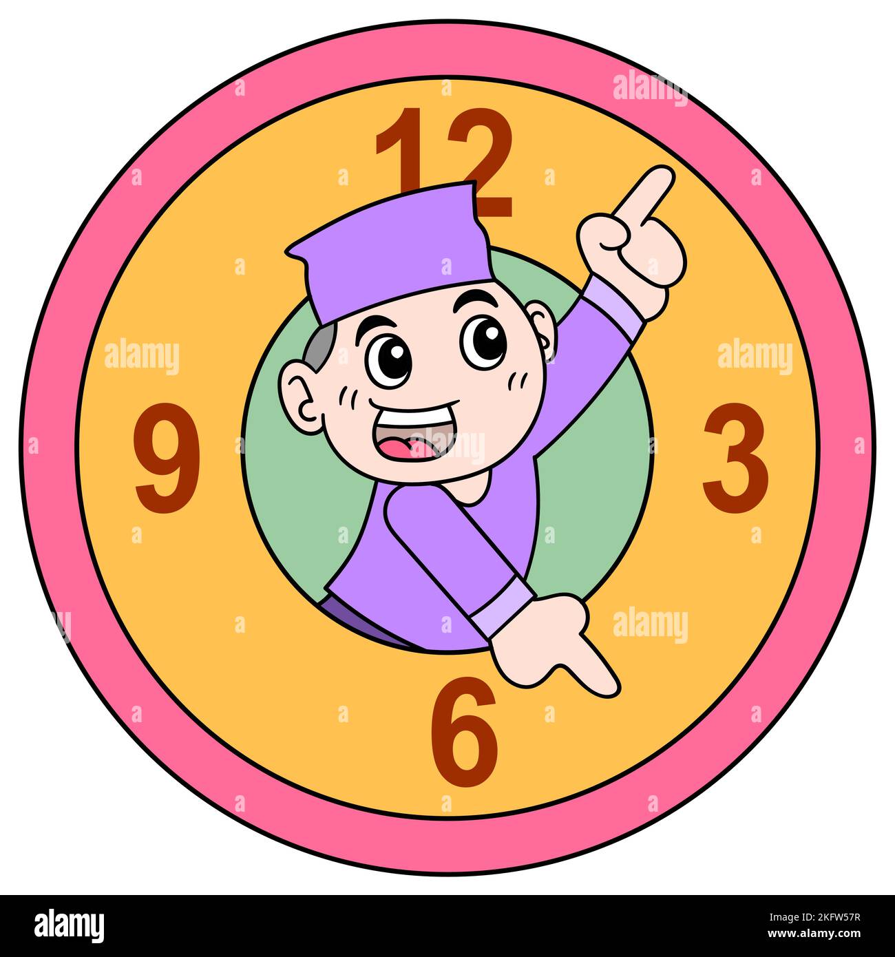 A cute boy in a clock cartoon character isolated on the white background Stock Vector