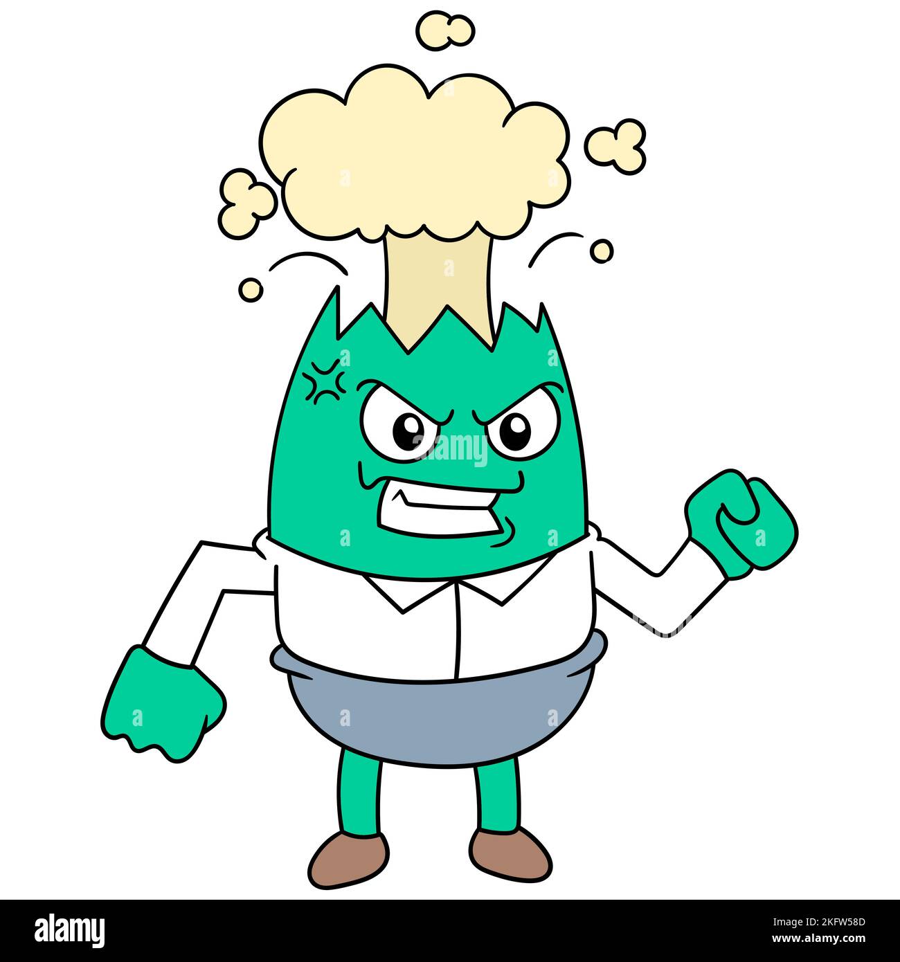 A cute angry green egg with exploding head cartoon character isolated on the white background Stock Vector