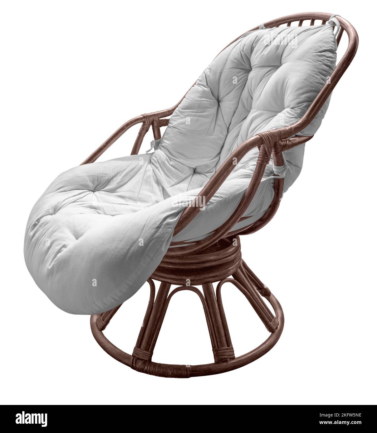 Wicker chair with cushion isolated in white back Stock Photo