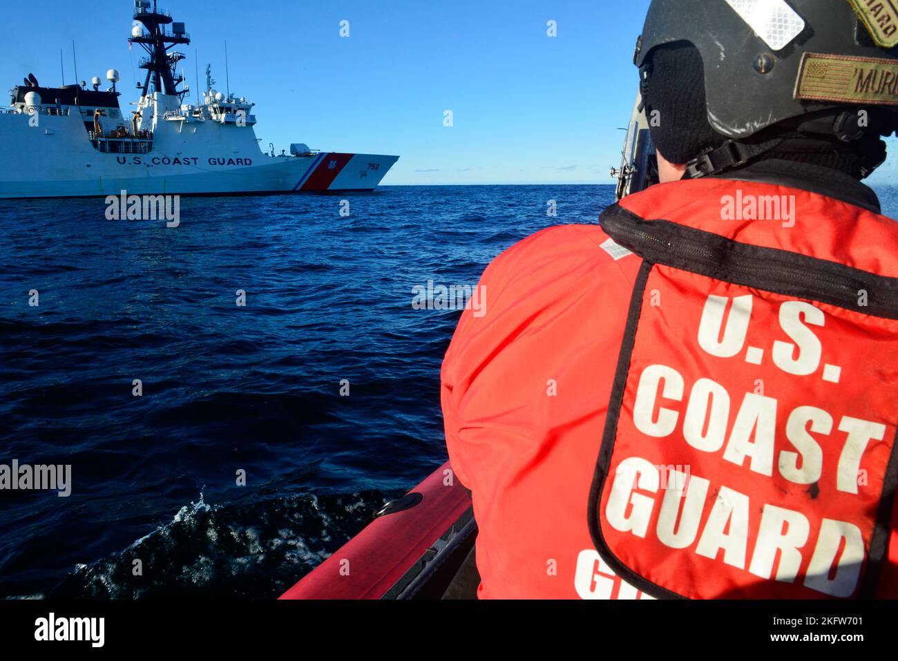 Crewmembers aboard an over-the-horizon cutter boat conduct operations near Little Diomede, Alaska, Oct. 9, 2022. USCGC Stratton (WMSL 752) is currently underway in support of a scheduled deployment in the 17th Coast Guard District’s area of operations, patrolling the Bering Sea, North Pacific and Arctic oceans. U.S. Coast Guard photo by Petty Officer 2nd Class Melissa E. F. McKenzie. Stock Photo