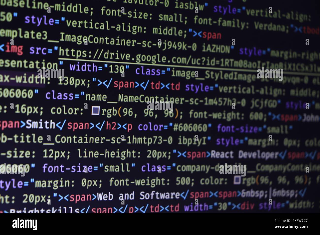 Code of web page displayed on a computer monitor Stock Photo