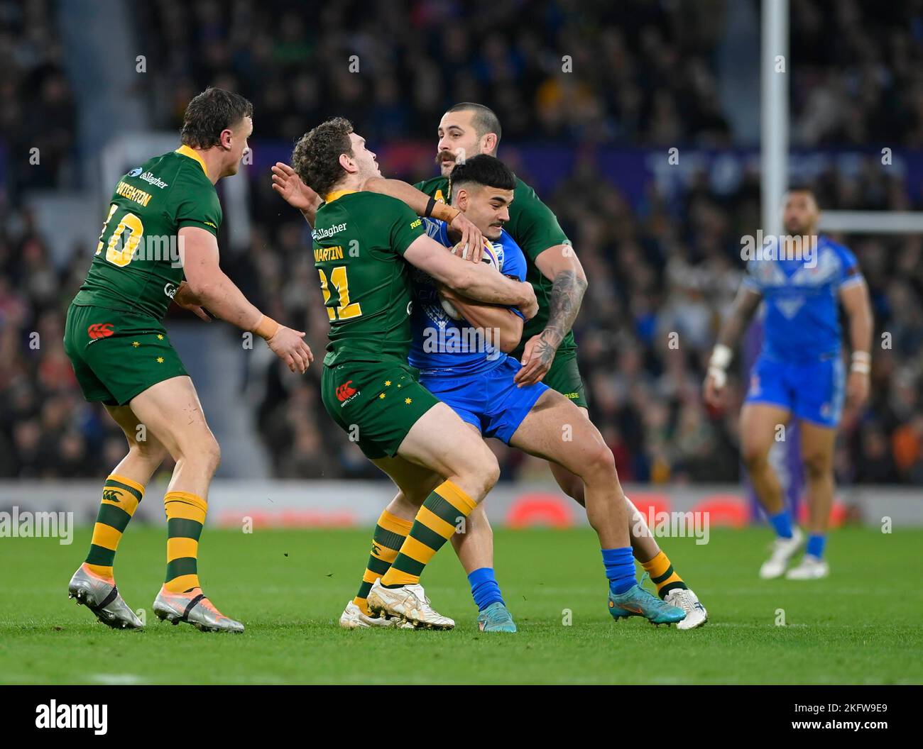 Manchester ENGLAND NOVEMBER 19. Taylan May of Samoa tries to