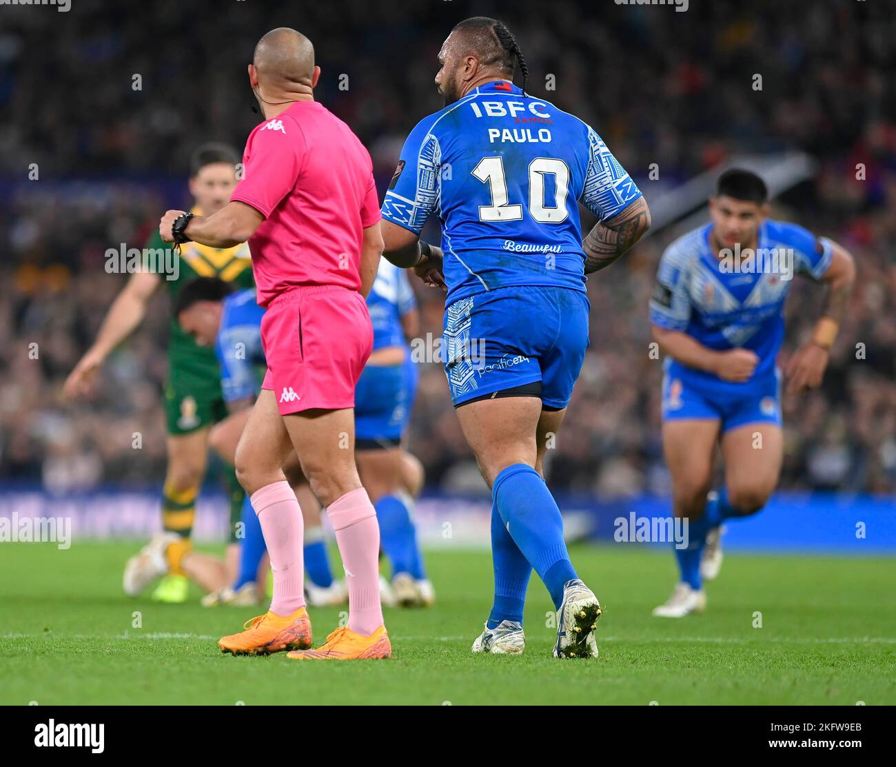 Manchester   ENGLAND - NOVEMBER 19. Junior Paulo of Samoa is seen during  the Rugby league World Cup Mens Final  between Australia and Samoa at the  Old Trafford Stadium on November 19 - 2022 in Manchester England. Stock Photo