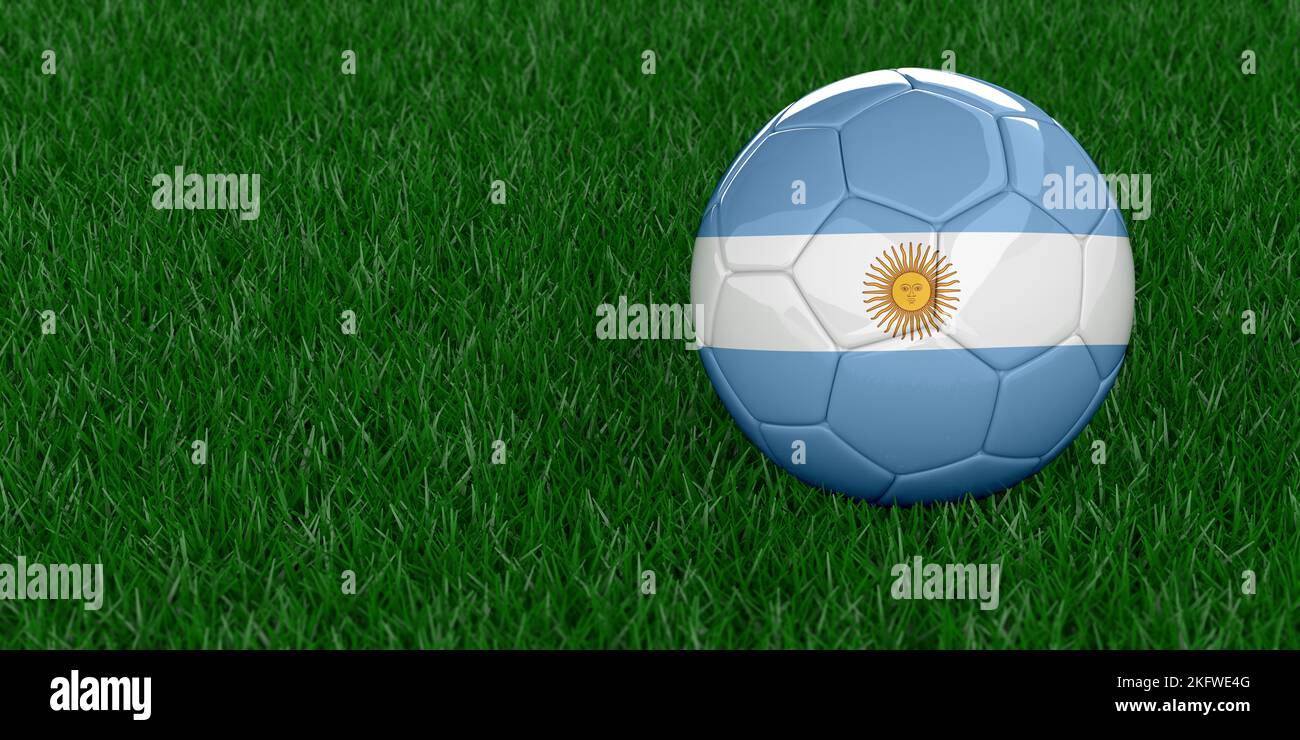 Argentina National football with country flag pattern. Soccer tournament concept. Sports betting. Realistic 3D rendered grass background, copy space. Stock Photo