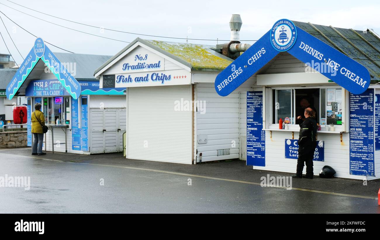 Fast food, takeaway kiosks, West Bay, Dorset, UK - John Gollop Stock Photo
