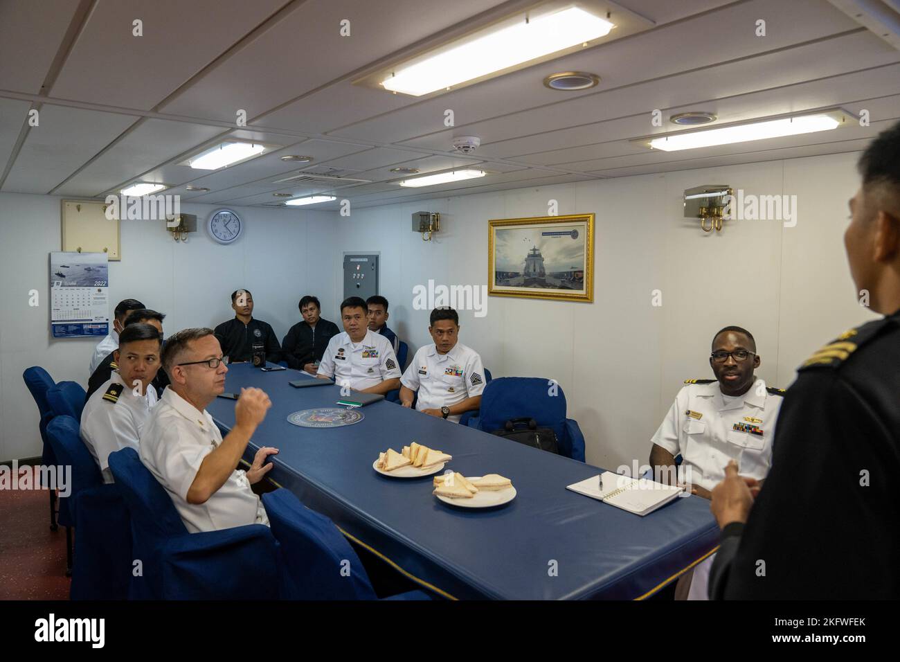 221011-N-DB724-2329  CEBU, Philippines (Oct. 11, 2022) U.S. Navy Sailors, assigned to commander, Destroyer Squadron 7, and Philippine Navy sailors, assigned to BRP Jose Rizal (FF 150), attend a surface warfare brief aboard Jose Rizal during Exercise Sama Sama-Lumbas 2022, Oct. 11. Sama Sama-Lumbas is a multilateral exercise and includes forces from Philippines, the United States, Australia, France, Japan, and the United Kingdom designed to promote regional security cooperation, maintain and strengthen maritime partnerships, and enhance maritime interoperability. Stock Photo