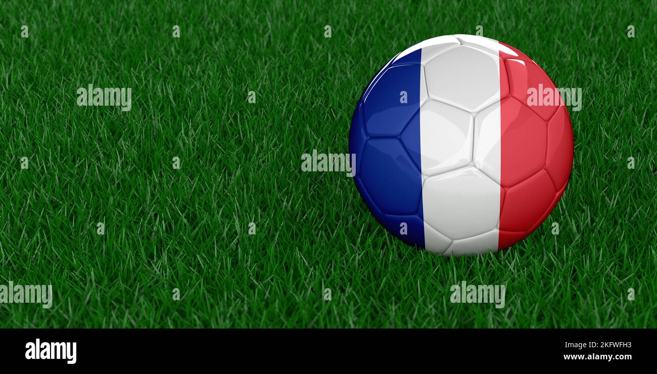 France National football with country flag pattern. Soccer tournament concept. Sports betting. Realistic 3D rendered grass background, copy space. Stock Photo