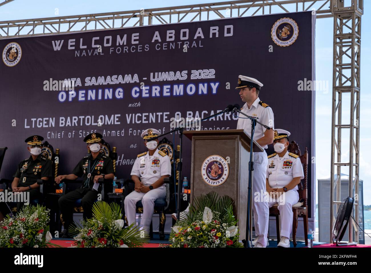 21011-N-DB724-2249  CEBU, Philippines (Oct. 11, 2022) Cmdr. Mike Proudman, commanding officer of HMS Spey (P234), gives a speech at the opening ceremony of Exercise Sama Sama-Lumbas 2022 in Cebu, Philippines, Oct. 11. Sama Sama-Lumbas is a multilateral exercise and includes forces from Philippines, the United States, Australia, France, Japan, and the United Kingdom designed to promote regional security cooperation, maintain and strengthen maritime partnerships, and enhance maritime interoperability. Stock Photo