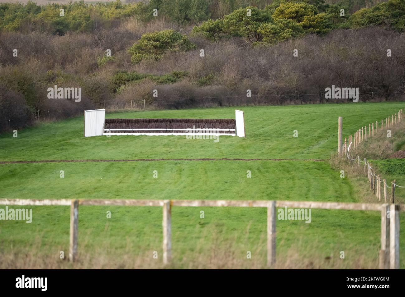 jump and fencing at a horse racing track, Larkhill Wilts UK Stock Photo
