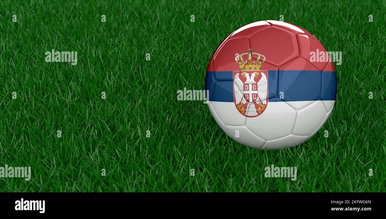 Serbia National football with Serbiancountry flag pattern. World Cup 2022, Qatar soccer tournament concept. Sports betting. Realistic 3D rendered gras Stock Photo
