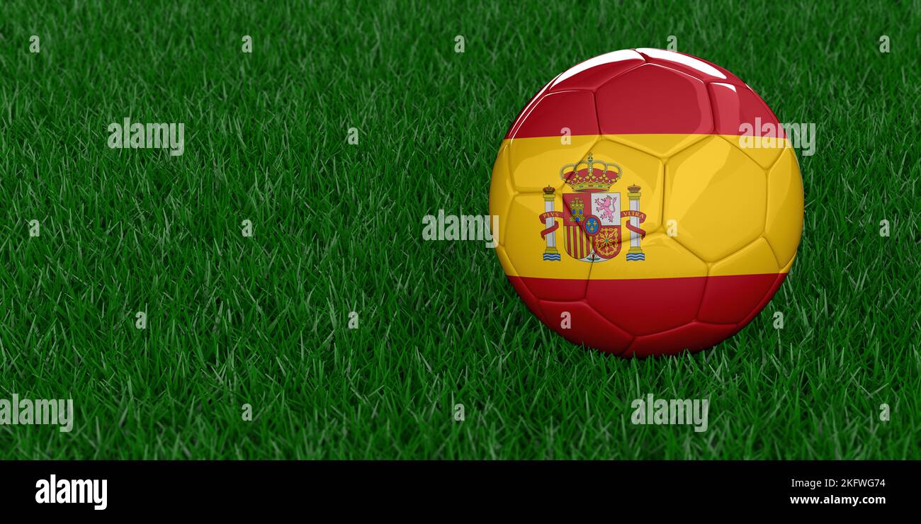 Spain National football with country flag pattern. World Cup 2022, Qatar soccer tournament concept. Sports betting. Realistic 3D rendered grass Stock Photo