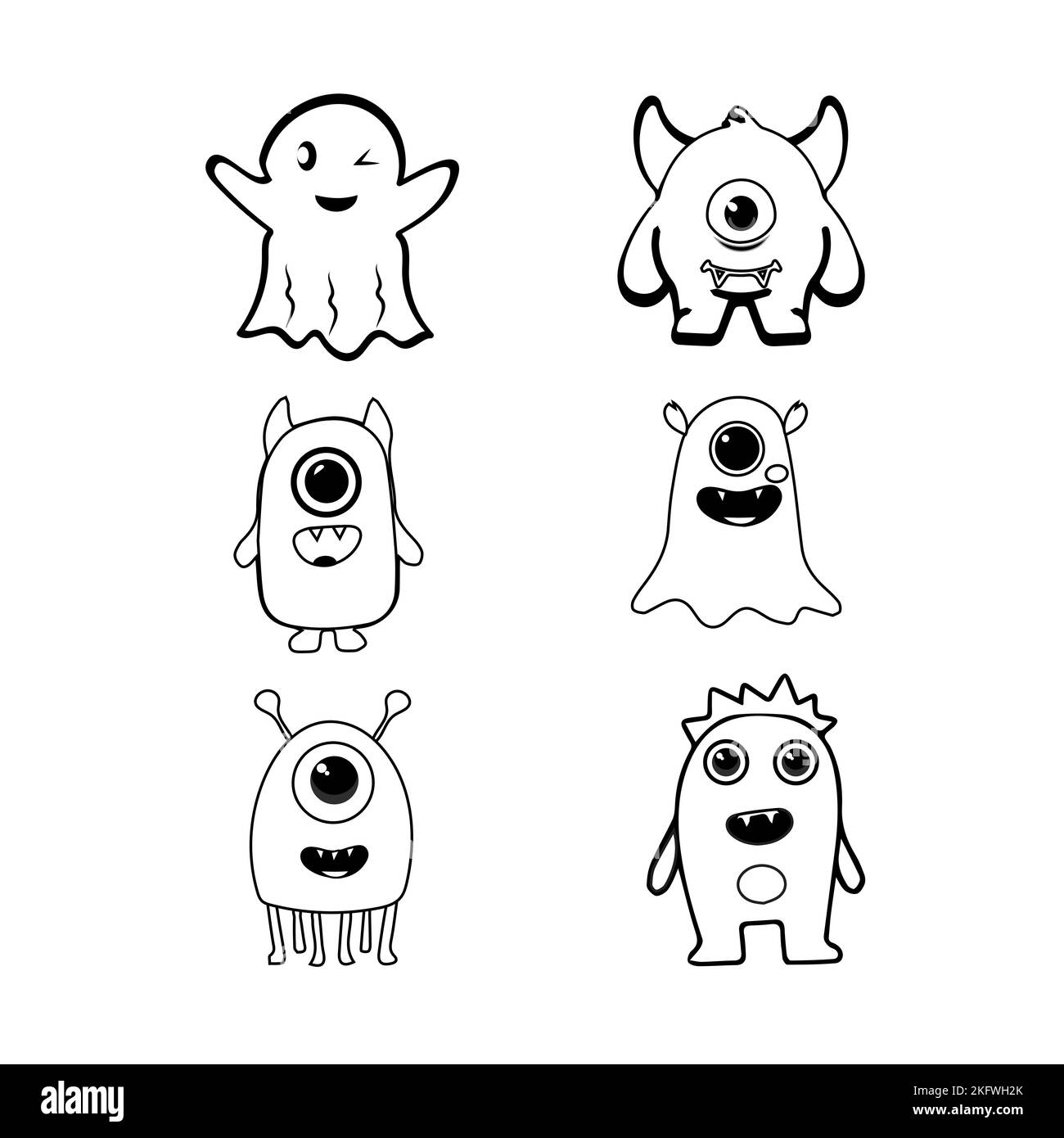 Set of pages for children's coloring book with cute monsters. White pages with contour monsters. Stock Vector