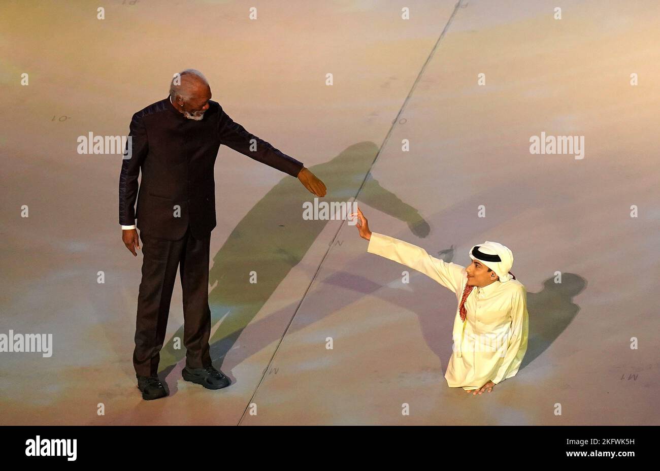 Morgan Freeman and Ghanim al Muftah during the opening ceremony of the FIFA World Cup 2022 at the Al Bayt Stadium, Al Khor. Picture date: Sunday November 20, 2022. Stock Photo