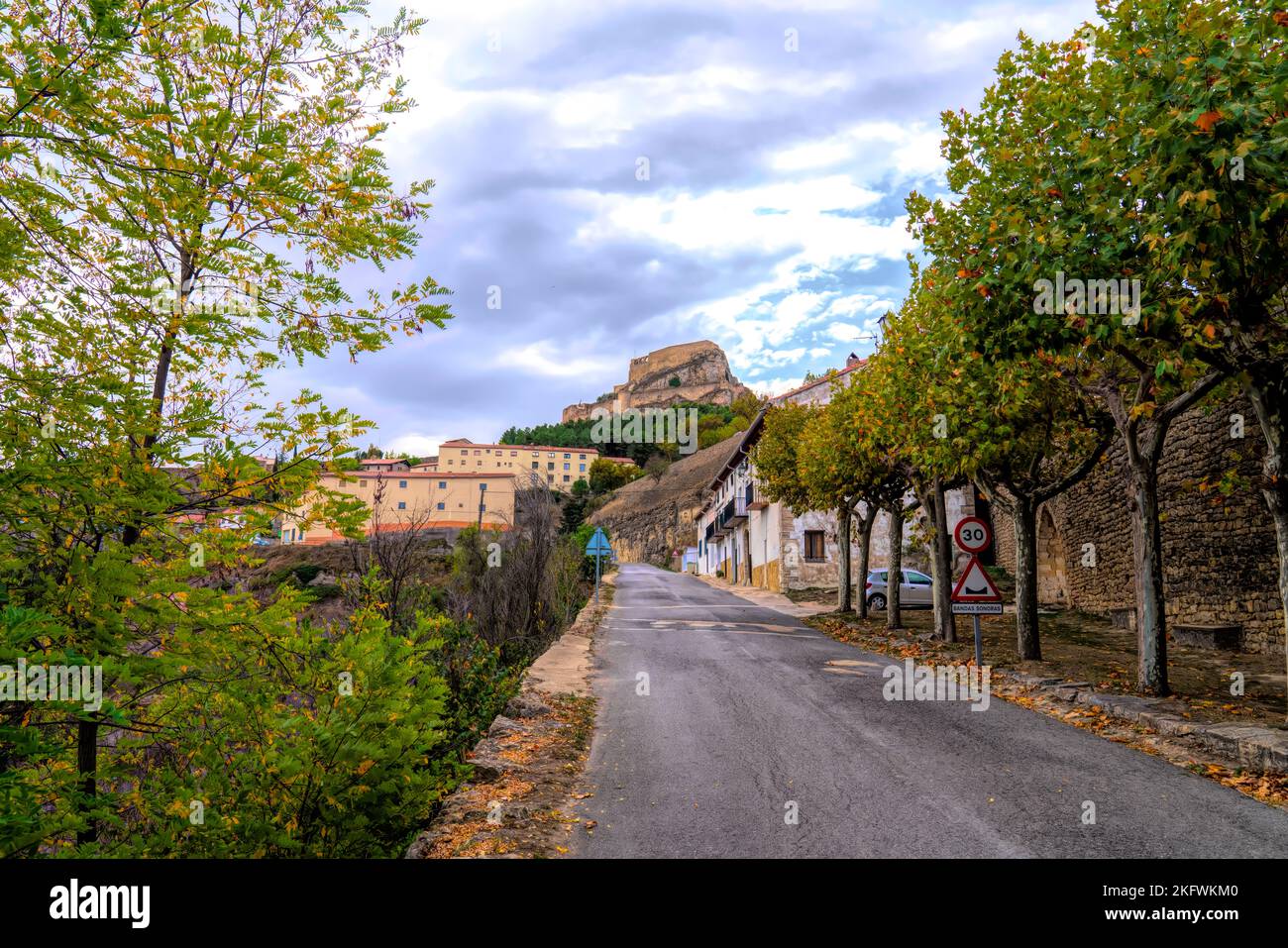 Road leading to Morella medieval castle hilltop building Valencian Community Spain Stock Photo