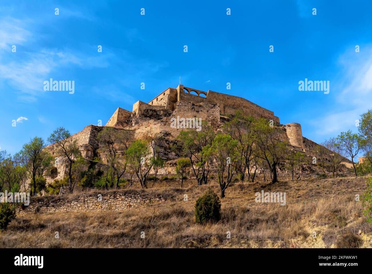 View up to Morella castle Castellon province Spain Stock Photo