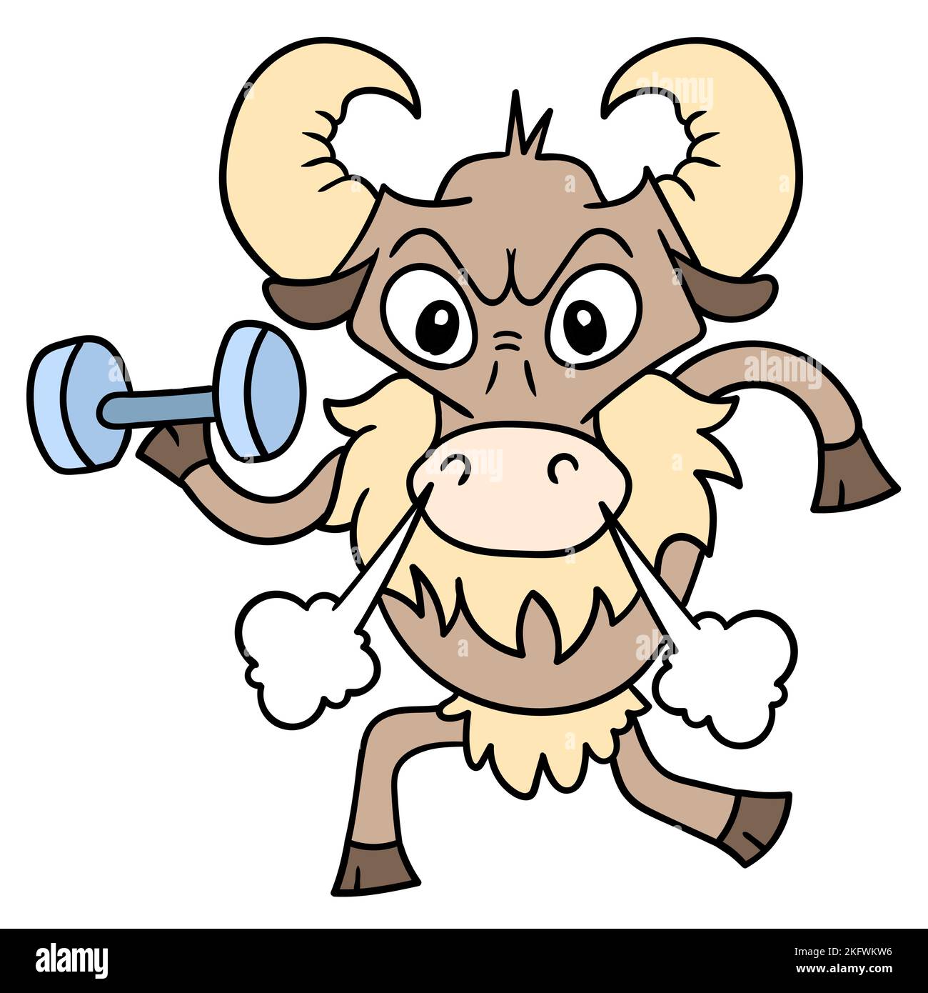 An editable vector of an angry buffalo holding a dumbbell Stock Vector