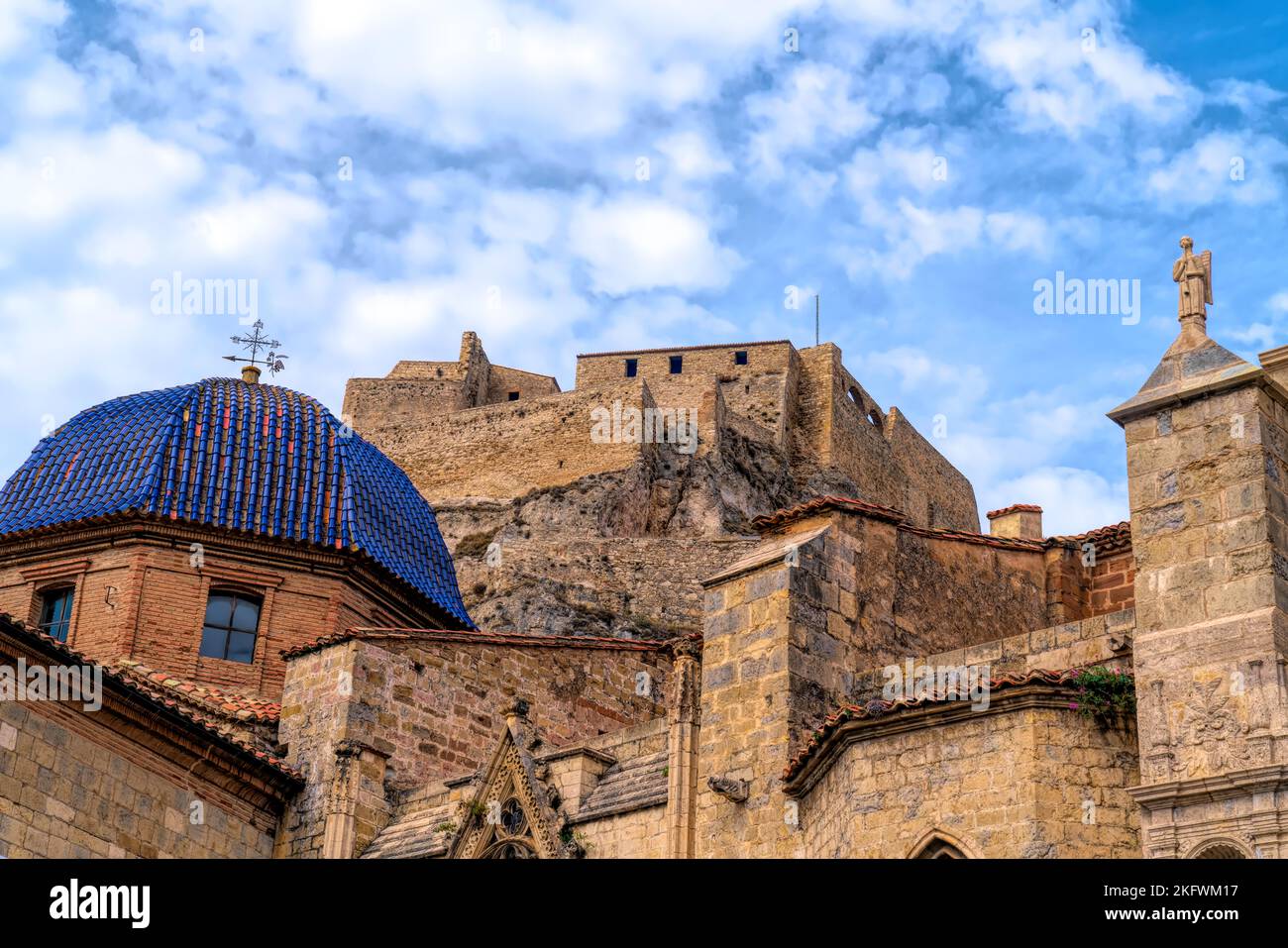 Blue dome roof church and castle Morella Spain historic medieval walled town Castellon province Valencian Community Stock Photo
