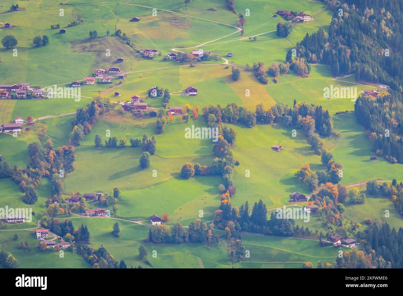 Above Zillertal valley, Tyrol alps, meadows and villages, Austria Stock Photo