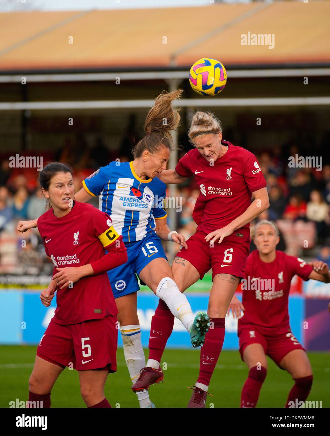 Crawley, UK. 20th Nov, 2022. Crawley, England, November 20th 2022: Kayleigh Green (15 Brighton) and Jasmine Matthews (6 Liverpool) battle for the ball during the Barclays Womens Super League football match between Brighton and Liverpool at Broadfield Stadium in Crawley, England. (James Whitehead/SPP) Credit: SPP Sport Press Photo. /Alamy Live News Stock Photo