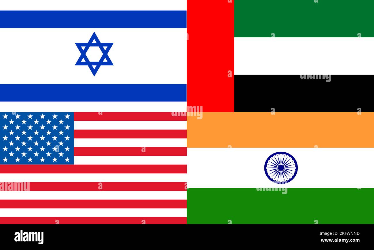 india, israel, us and United Arab Emirates flags. second quad group