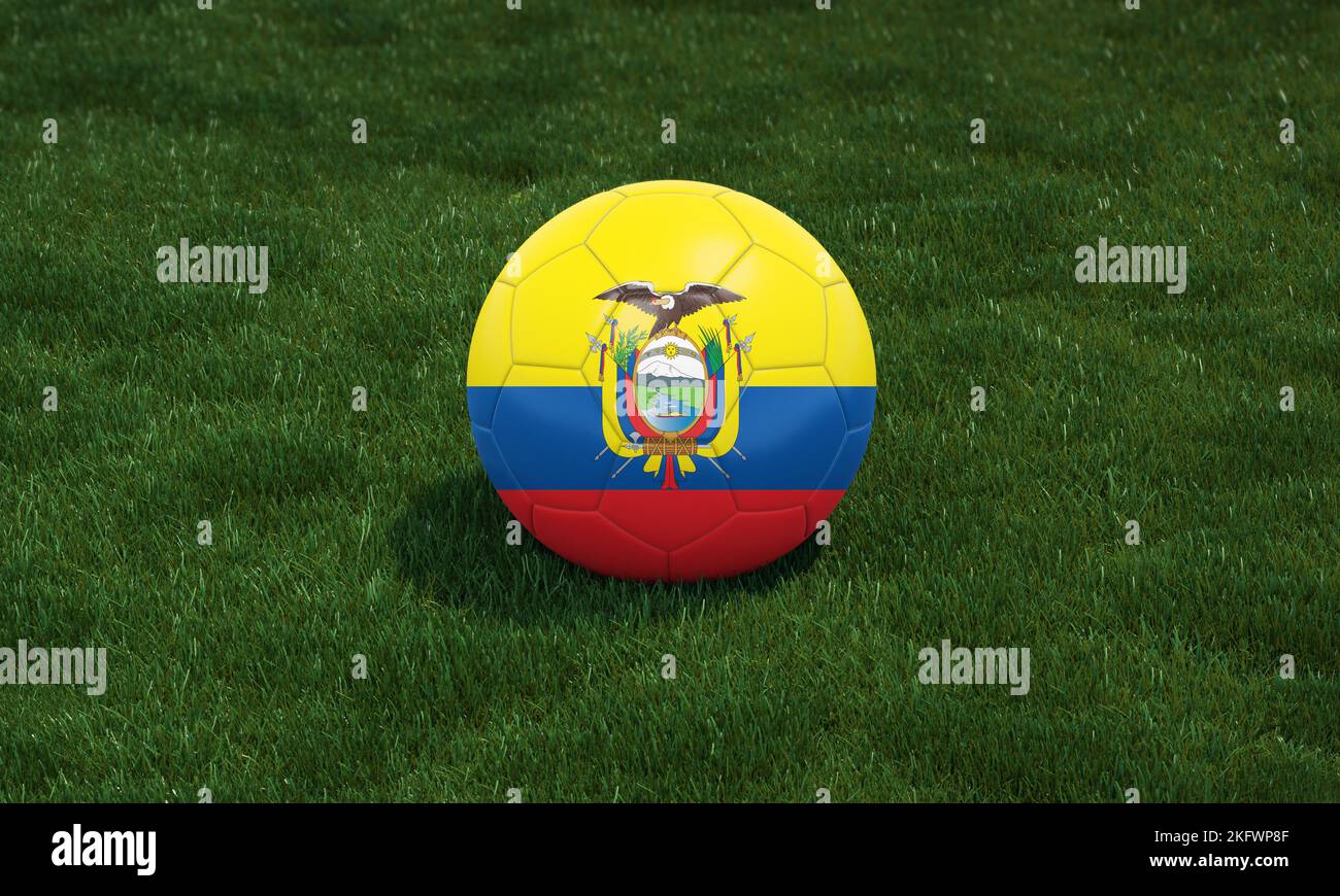Soccer ball with Ecuador flag colors at a stadium on green grasses background. 3D illustration. Stock Photo