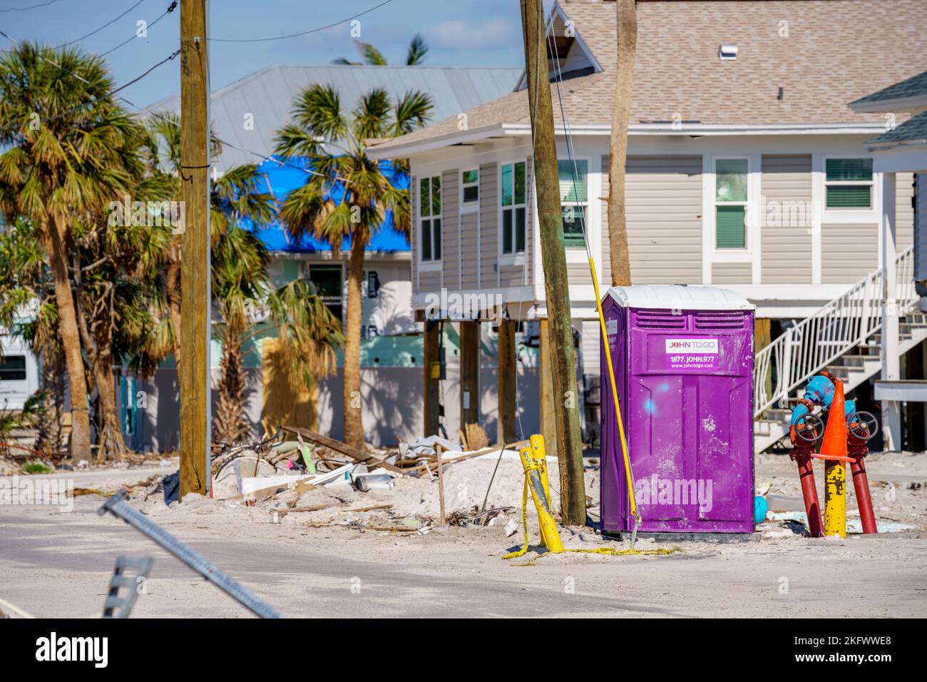Fort Myers Beach, FL, USA - November 19, 2022: Portable bathroom porta potty Fort Myers FL Hurricane Ian aftermath Stock Photo