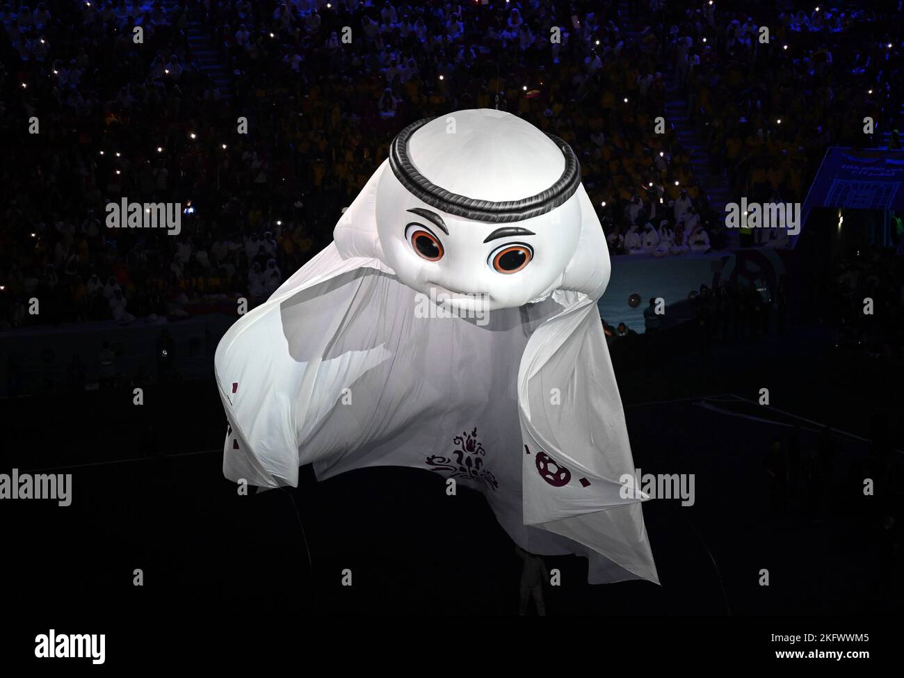 Al Khor, Qatar. 20th Nov, 2022. Qatar World Cup official mascot La'eeb is seen during the opening ceremony of the 2022 Qatar FIFA World Cup at Al Bayt Stadium in Al Khor, Qatar, Nov. 20, 2022. Credit: Xiao Yijiu/Xinhua/Alamy Live News Stock Photo