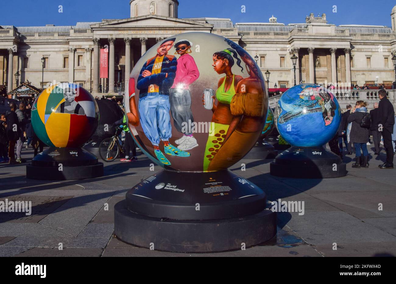London, UK. 20th November 2022. 96 globes created by different artists have been exhibited in Trafalgar Square as part of ‘The World Reimagined’, a project exploring the history of the Transatlantic Trade in Enslaved Africans and its impact. Credit: Vuk Valcic/Alamy Live News Stock Photo