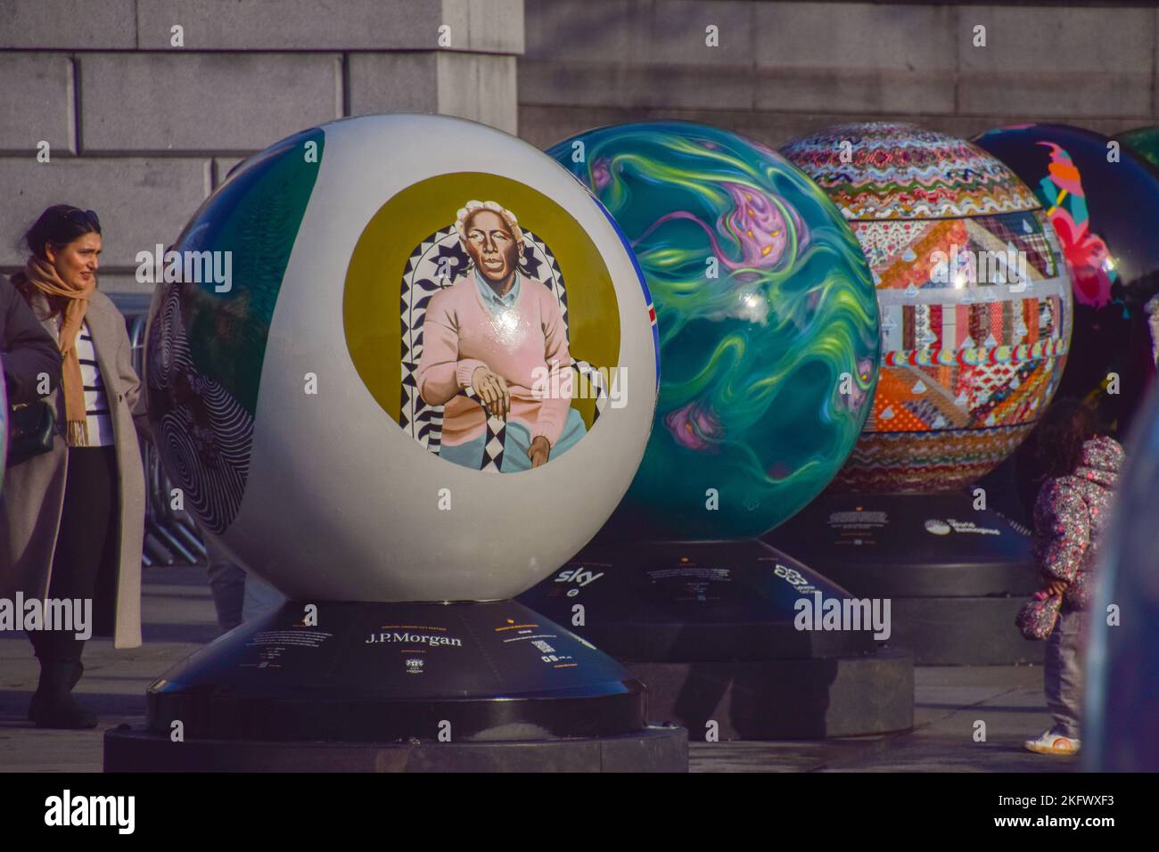 London, UK. 20th November 2022. 96 globes created by different artists have been exhibited in Trafalgar Square as part of ‘The World Reimagined’, a project exploring the history of the Transatlantic Trade in Enslaved Africans and its impact. Credit: Vuk Valcic/Alamy Live News Stock Photo