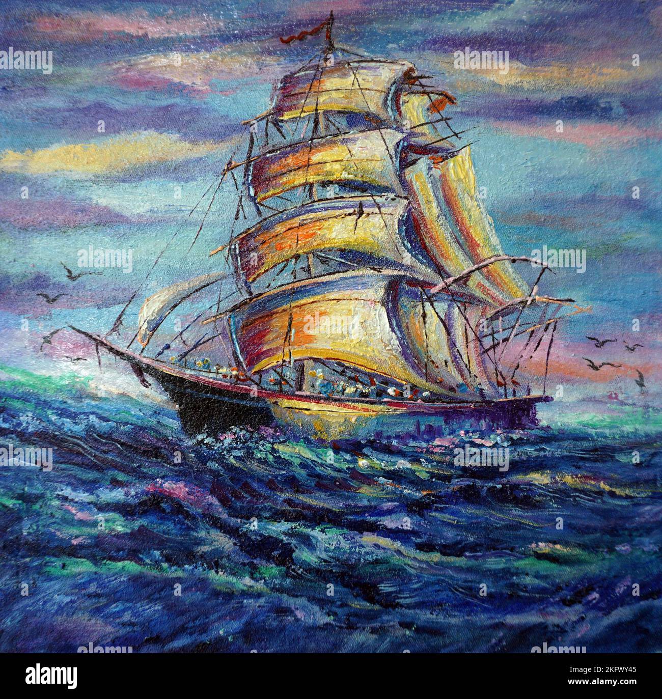 Art painting oil color barque lucky , sailboat Stock Photo