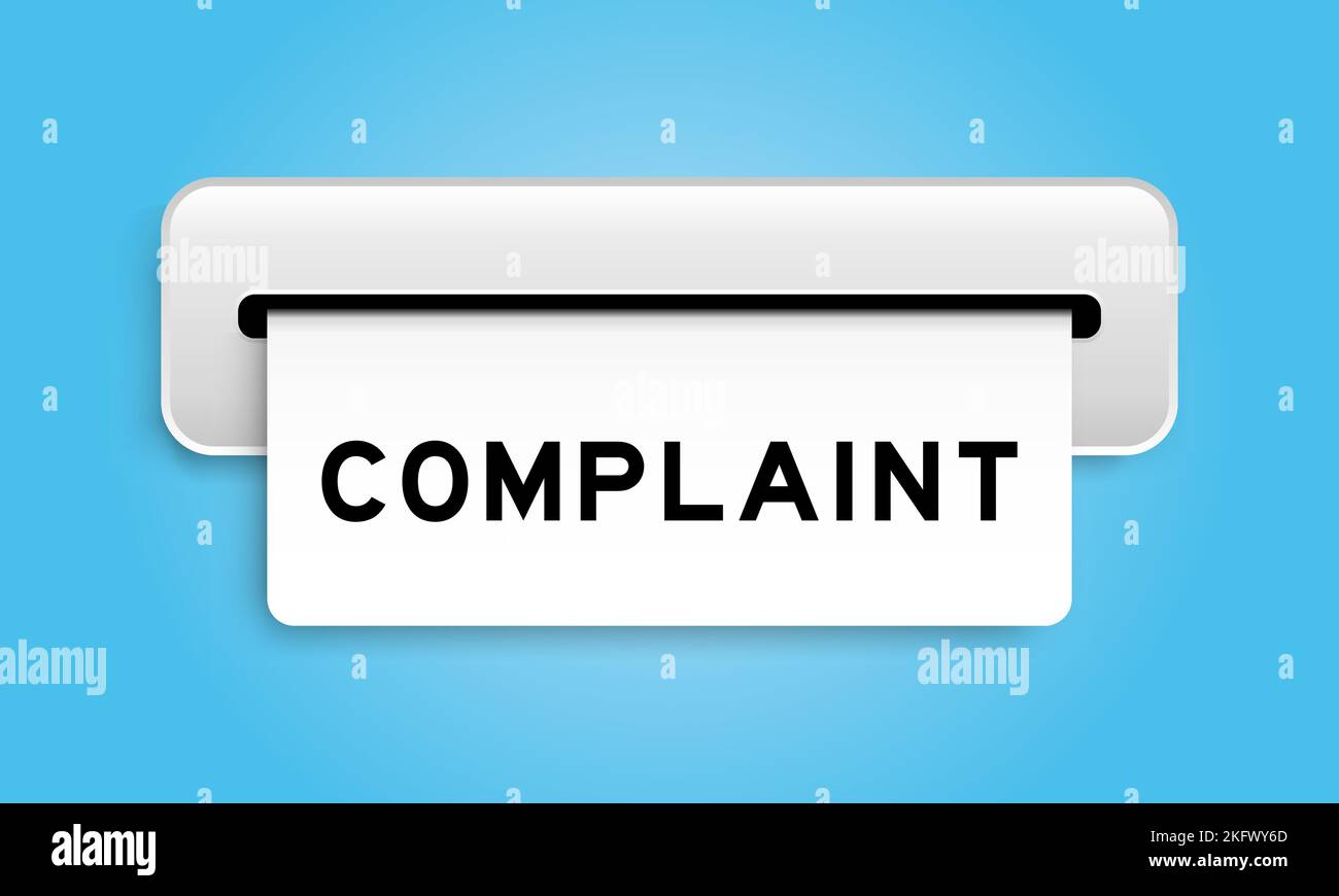 White coupon banner with word complaint from machine on blue color