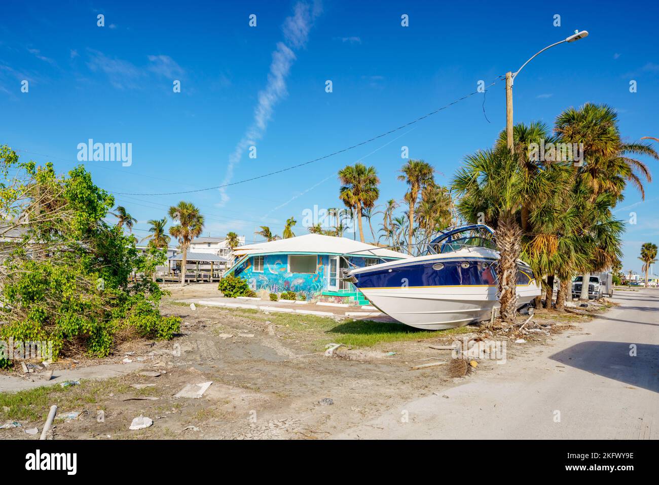 Fort Myers Beach, FL, USA - November 19, 2022: Boat drifted into a ...