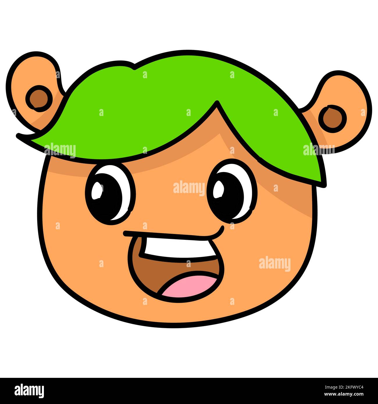 A vector illustration of an orange cartoon character with green hair smiling, looking aside Stock Vector